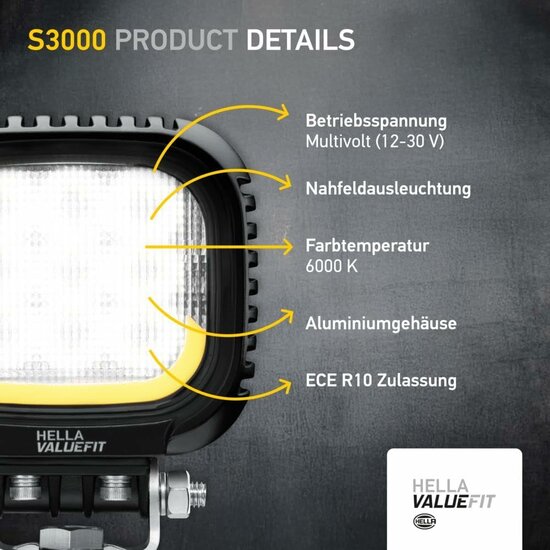 Hella S3000 2.0 LED Flutlicht 3000 lm + Weiß/Gelb Positionslicht